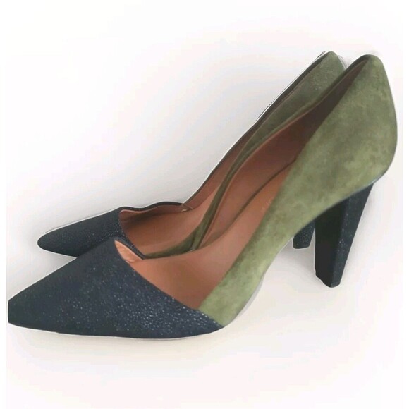 Rebecca Minkoff Heels Women's Size 10 Suede Olive Green Black Textured Heel - Picture 1 of 10